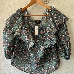 Anthropologie Sachi & Babi Eyelet Ruffle Off The Shoulder 3/4 Ballon Sleeve Bojo